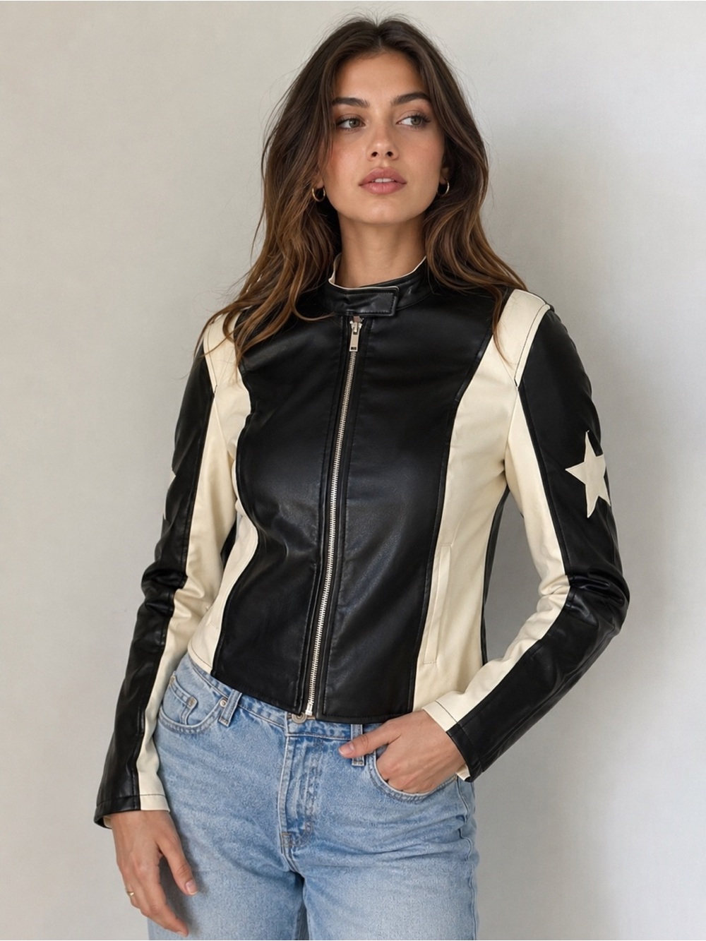 STOOSH || Black and Cream Star Leather Moto Jacket. S